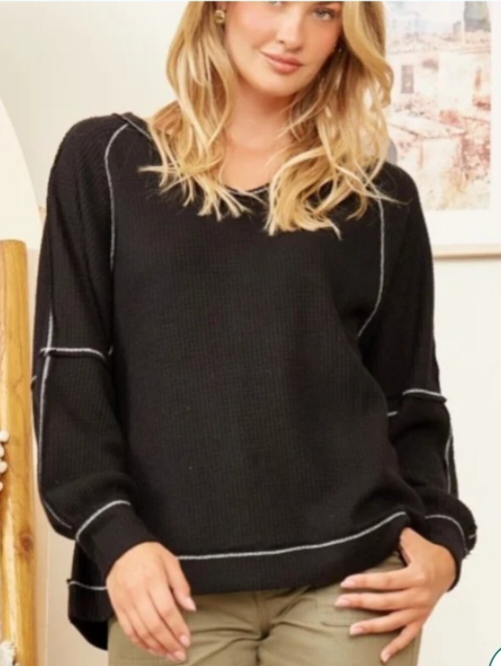 Andree By Unit Notched Neck Thermal Top Black Sz M Casual Oversized Slouchy NWT